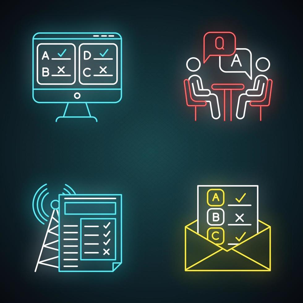 Survey methods neon light icons set. Online, email, internet connection poll. Interview. Public opinion. Customer review. Feedback. Data collection. Glowing signs. Vector isolated illustrations