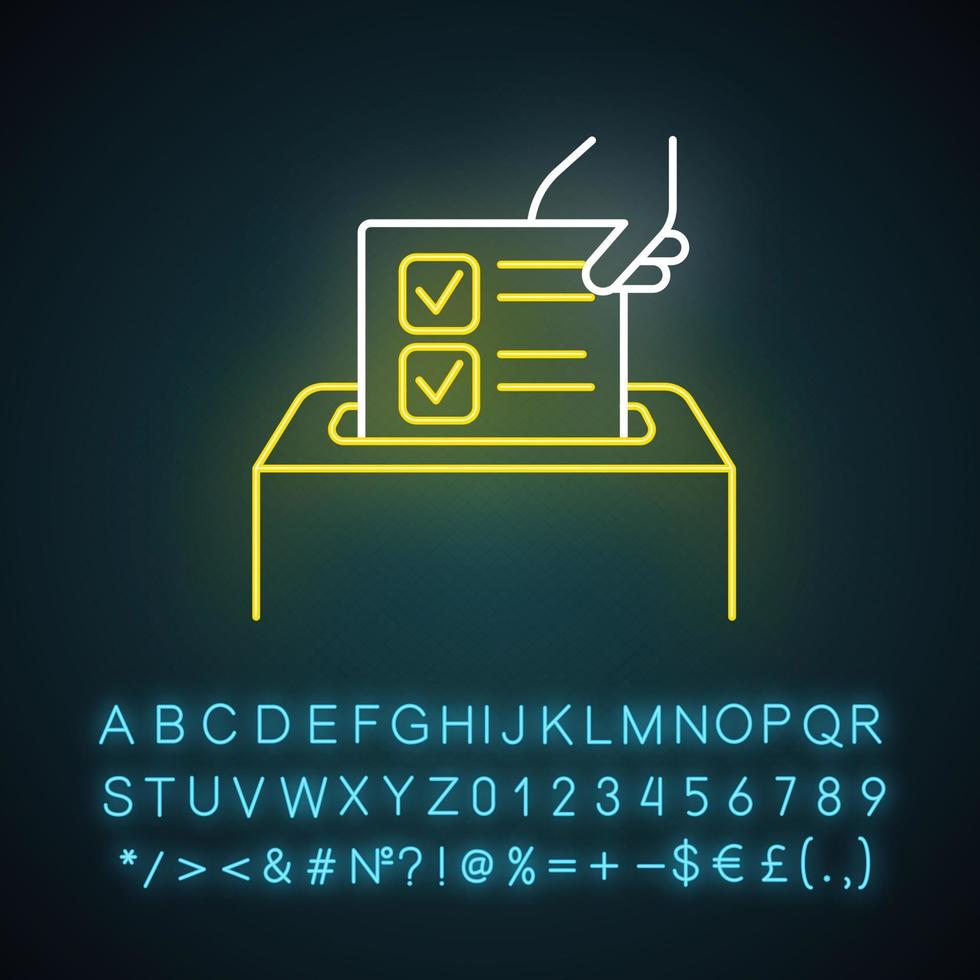 Anonymous survey neon light icon. Ballot box. Feedback form. Opinion polling. Social research. Evaluation. Voting. Glowing sign with alphabet, numbers and symbols. Vector isolated illustration