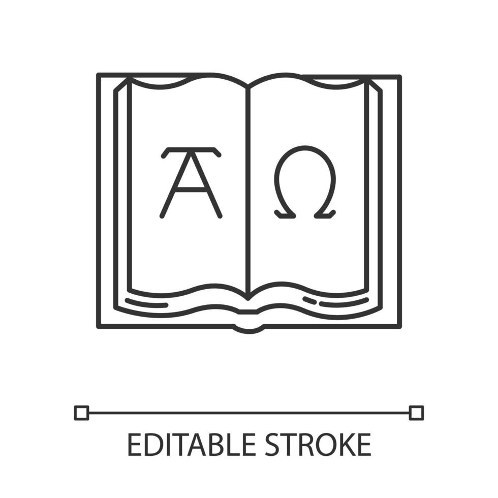 Alpha and Omega linear icon. Beginning and end. Open book with letters of Greek alphabet. Book of John. Thin line illustration. Contour symbol. Vector isolated outline drawing. Editable stroke
