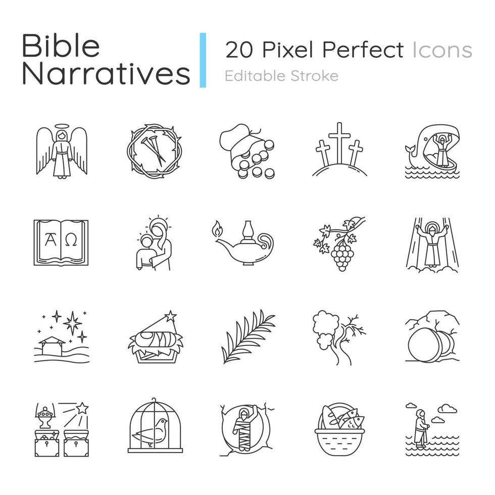 Bible narratives linear icons set. Life of Jesus Christ. Gospel miracles and parables. Legends of Holy Scriptures. Thin line contour symbols. Isolated vector outline illustrations. Editable stroke