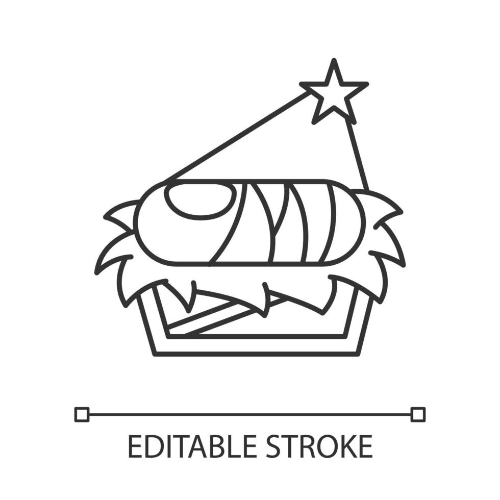 Nursery with baby Jesus linear icon. Holy infant in manger on straw under light of Bethlehem star. Christmas. Thin line illustration. Contour symbol. Vector isolated outline drawing. Editable stroke