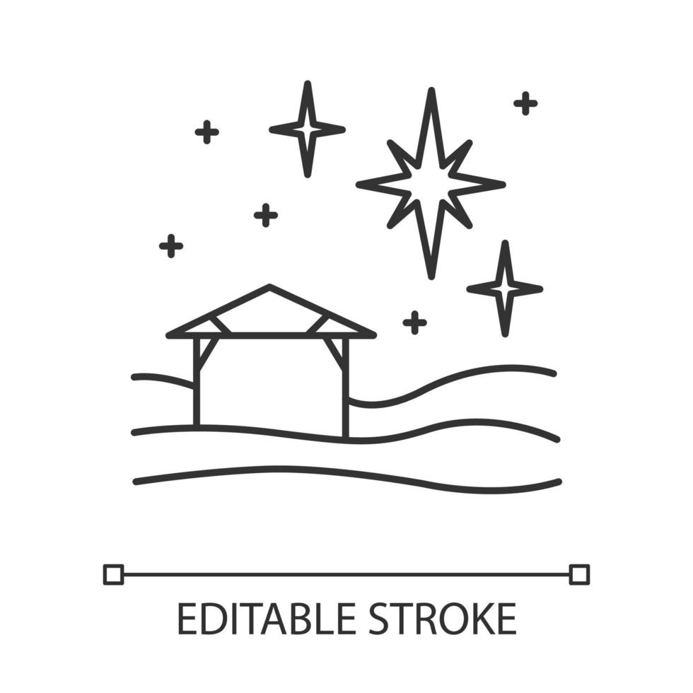 Christmas star linear icon. Christian holy night. Christmas eve. Starry sky and small house. Star of Bethlehem. Thin line illustration. Contour symbol. Vector isolated outline drawing. Editable stroke