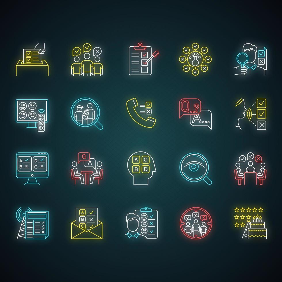 Survey methods neon light icons set. Interview. Online, telephone poll. Rating. Public opinion. Customer review. Feedback. Evaluation. Data collection. Glowing signs. Vector isolated illustrations