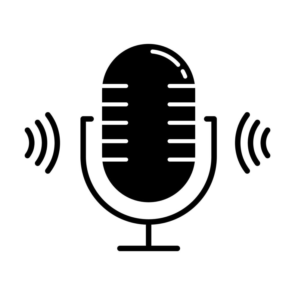 Microphone glyph icon. Voice scan software. Modern sound recording equipment. Stereo frequency, speech recognize. Volume amplifier. Silhouette symbol. Negative space. Vector isolated illustration