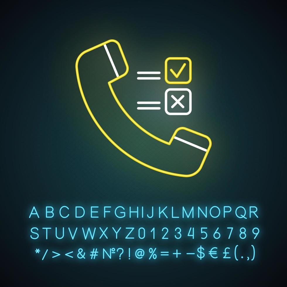 Telephone survey neon light icon. Social research. Opinion poll. Consumer, customer satisfaction. Feedback. Evaluation. Glowing sign with alphabet, numbers and symbols. Vector isolated illustration