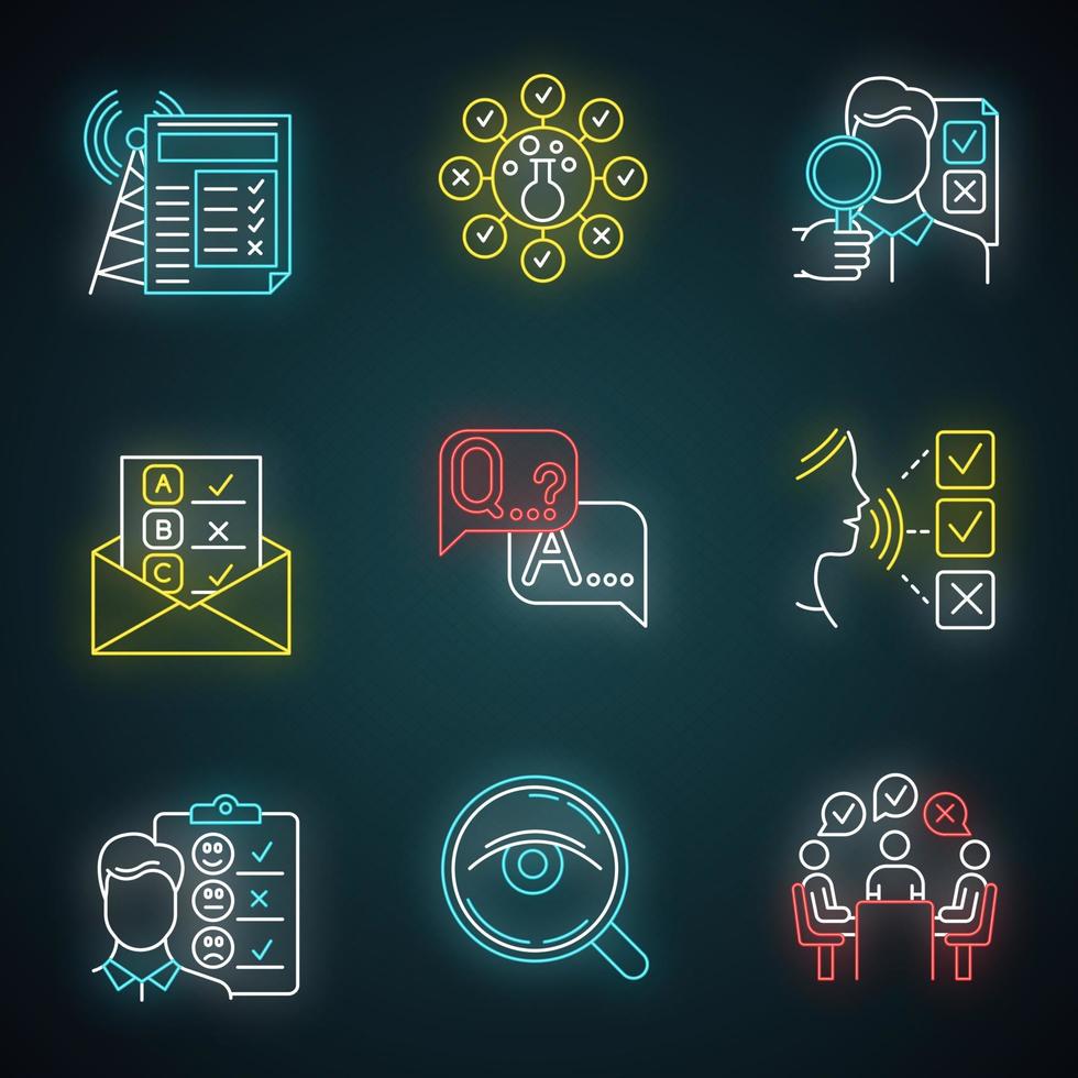Survey methods neon light icons set. Chemical analysis. Email, internet connection poll. Public opinion. Customer satisfaction. Feedback. Evaluation. Glowing signs. Vector isolated illustrations
