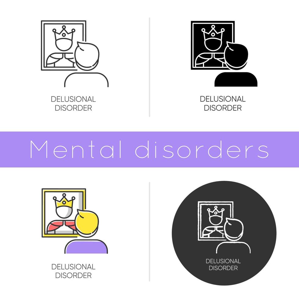 Delusional disorder icon. Man in mirror reflection. Bizzare and false beliefs. Optical delusion. Megalomania. Mental illness. Flat design, linear and color styles. Isolated vector illustrations