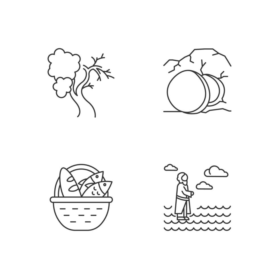 Bible narratives linear icons set. Fig tree, open coffin, bread and fish, Jesus walking on water. Easter week. Thin line contour symbols. Isolated vector outline illustrations. Editable stroke