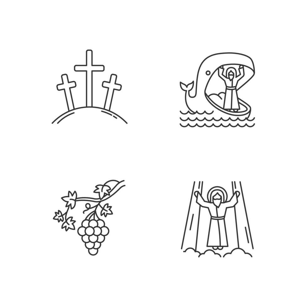 Conjunto de iconos lineales de narrativas bíblicas. calvario, jonas y ballena, vid, ascensión de jesucristo. historias cristianas. símbolos de contorno de línea fina. ilustraciones de contorno de vector aislado. trazo editable