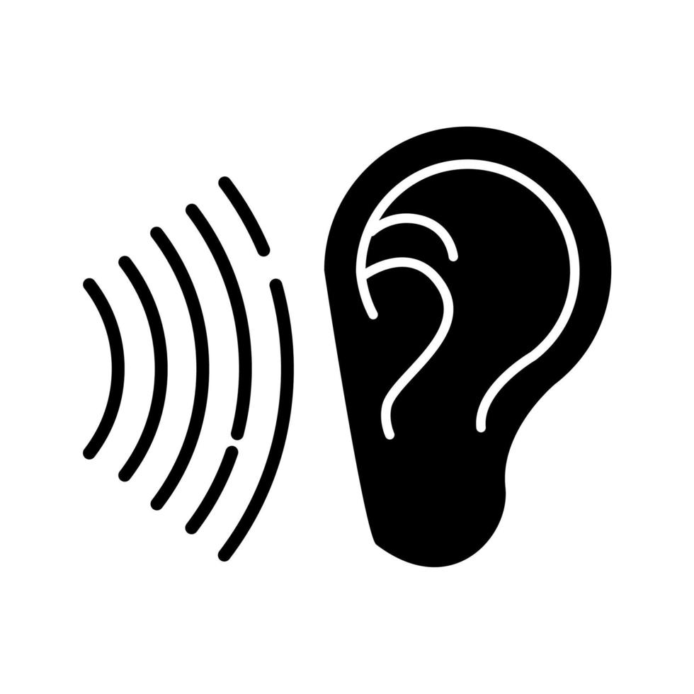 Sound signal glyph icon. Audible soundwave. Listening ear. Loud noise perception. Voice call, sound susceptibility. Hearing ability. Silhouette symbol. Negative space. Vector isolated illustration