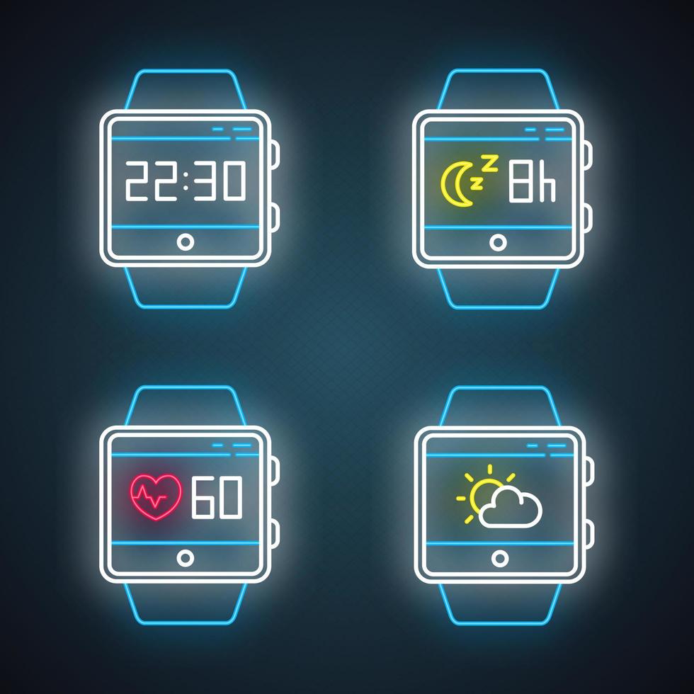 Conjunto de iconos de luz de neón de funciones de rastreador de fitness. capacidades de reloj inteligente de pulsera. seguimiento de la frecuencia cardíaca, monitoreo del sueño, reloj, pronóstico del tiempo. signos brillantes. ilustraciones vectoriales aisladas vector