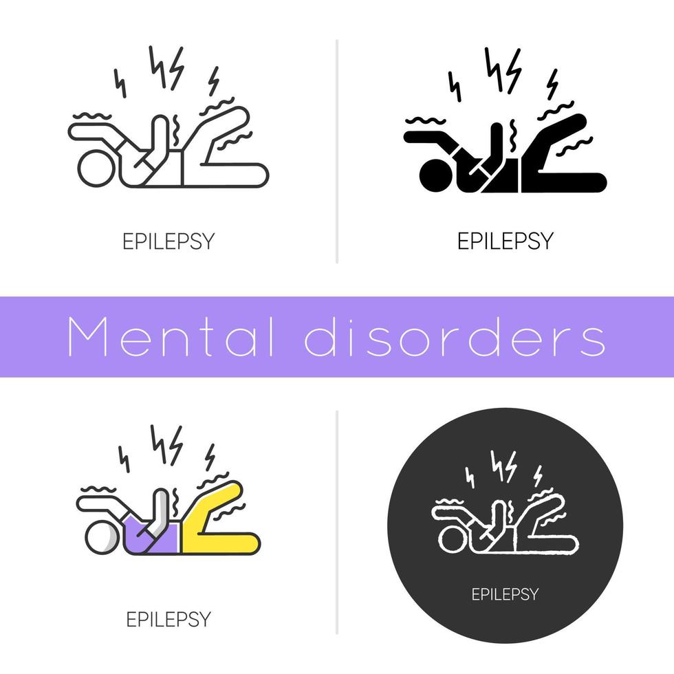 Epilepsy icon. Convulsive seizure. Shaking and tremor. Movement trouble. Epileptic stroke. Abnormal activity. Mental disorder. Flat design, linear and color styles. Isolated vector illustrations