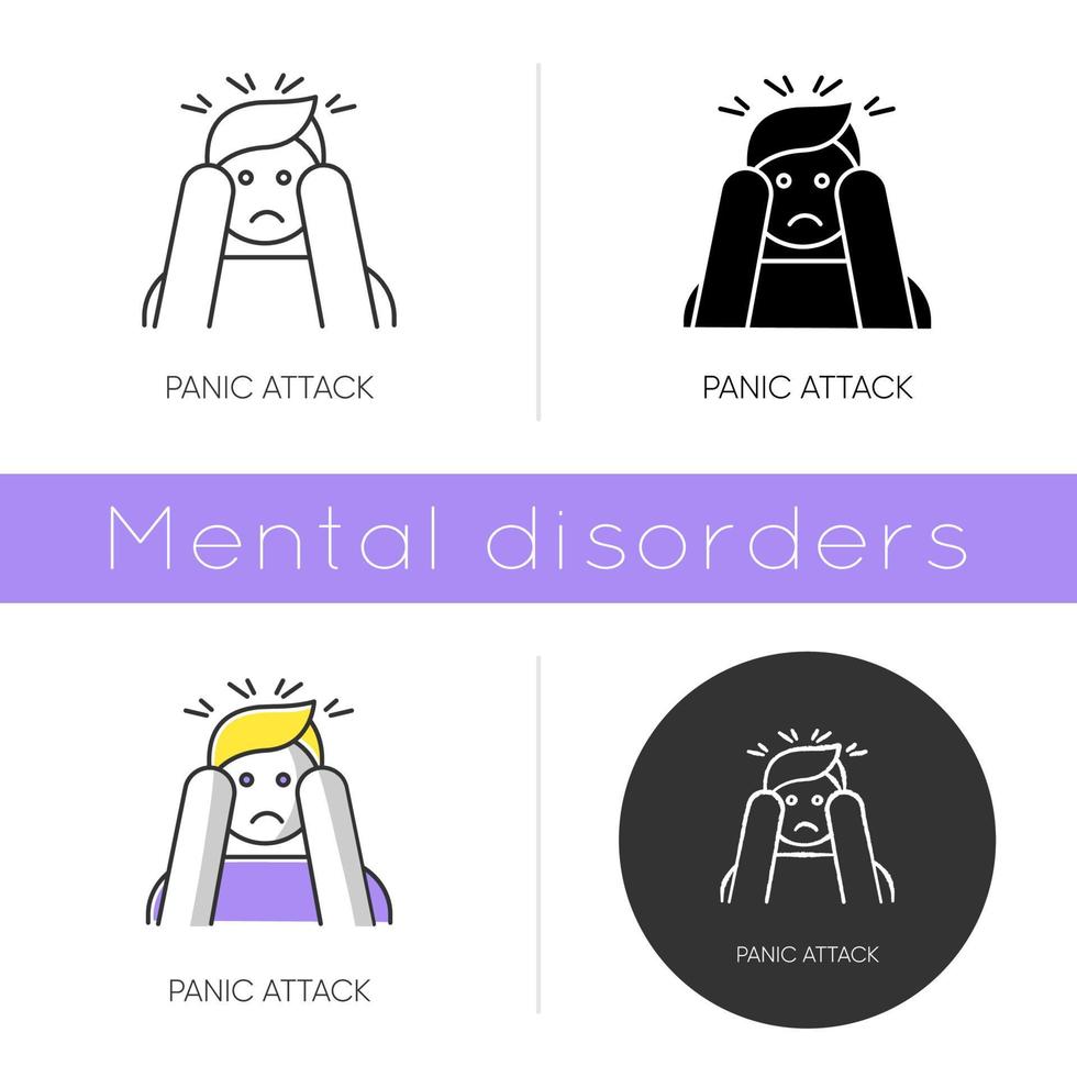 Panic attack icon. Anxiety and depression. Paranoia and phobia. Migraine from stress. Person afraid and nervous. Mental disorder. Flat design, linear and color styles. Isolated vector illustrations