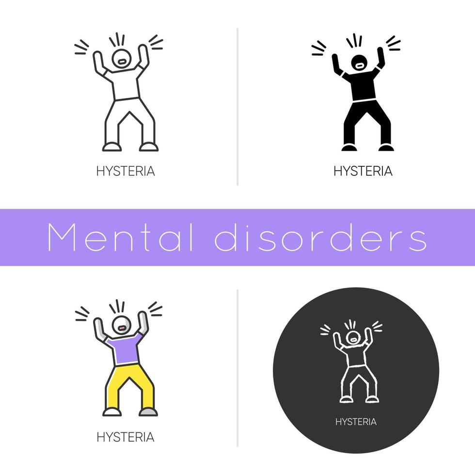Hysteria icon. Stress and anxiety. Person screaming. Man shouting and yelling. Panic attack. Irritability. Mental disorder. Flat design, linear and color styles. Isolated vector illustrations