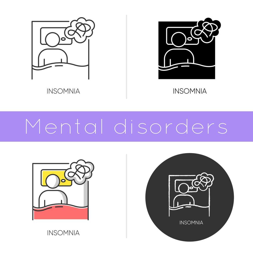 Insomnia icon. Sleep deprivation. Person awake. Sleeplessnes. Exhaustion, fatigue. Depression, worry. Mental disorder. Flat design, linear and color styles. Isolated vector illustrations