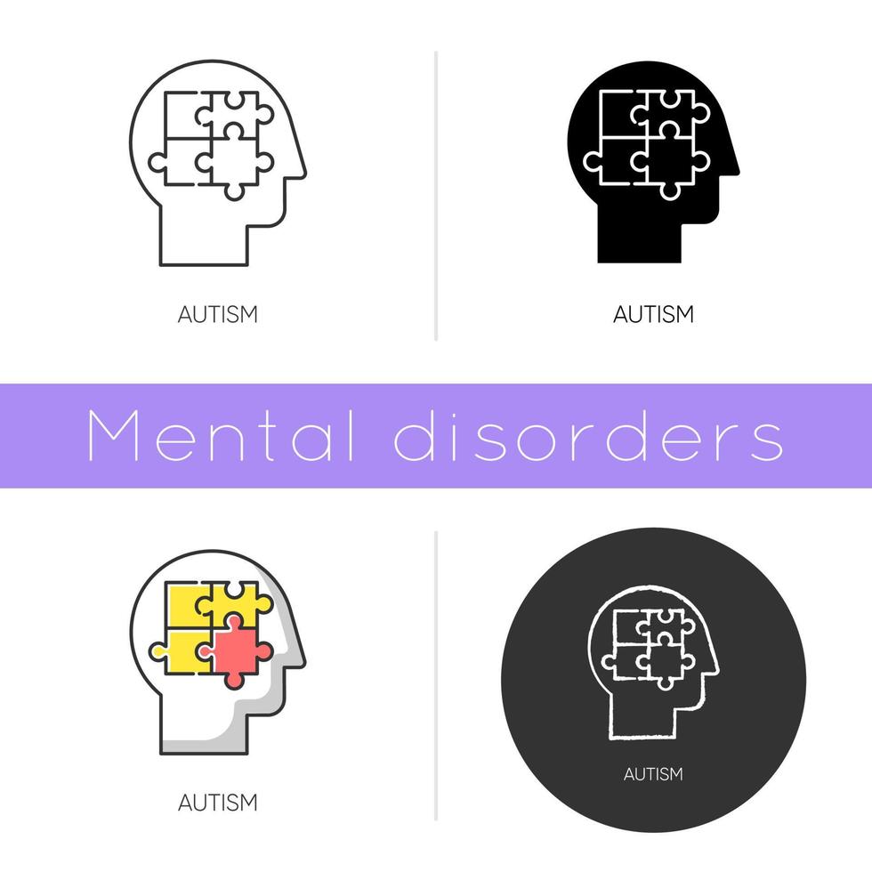 Autism icon. Puzzled mind. Neurology and psychiatry. Children illness support. Different thinking. Asperger. Developmental disorder. Flat design, linear and color styles. Isolated vector illustrations