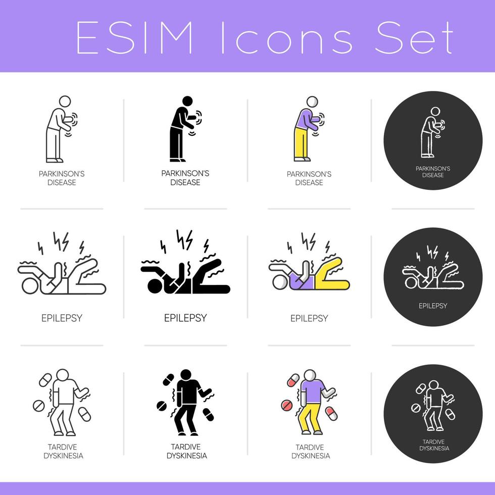 Mental disorder icons set. Parkinson disease. Epileptic stroke and seizure. Tardive dyskinesia. Psychology and neurology. Flat design, linear, black and color styles. Isolated vector illustrations