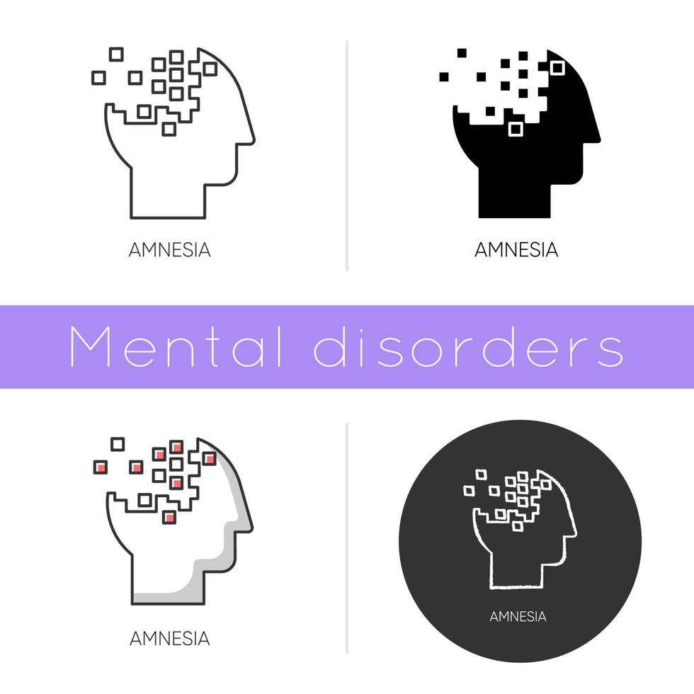 Amnesia icon. Memory loss. Forgetting from brain injury. Trouble with remembering. Korsakoff syndrome. Mental disorder. Flat design, linear and color styles. Isolated vector illustrations