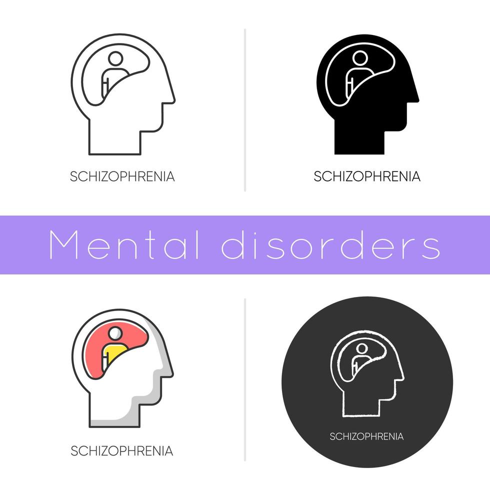 Schizophrenia icon. Unclear thinking. Confused mind. Mental disorder. Paranoia and anxiety. Psychiatric illness. Flat design, linear and color styles. Isolated vector illustrations