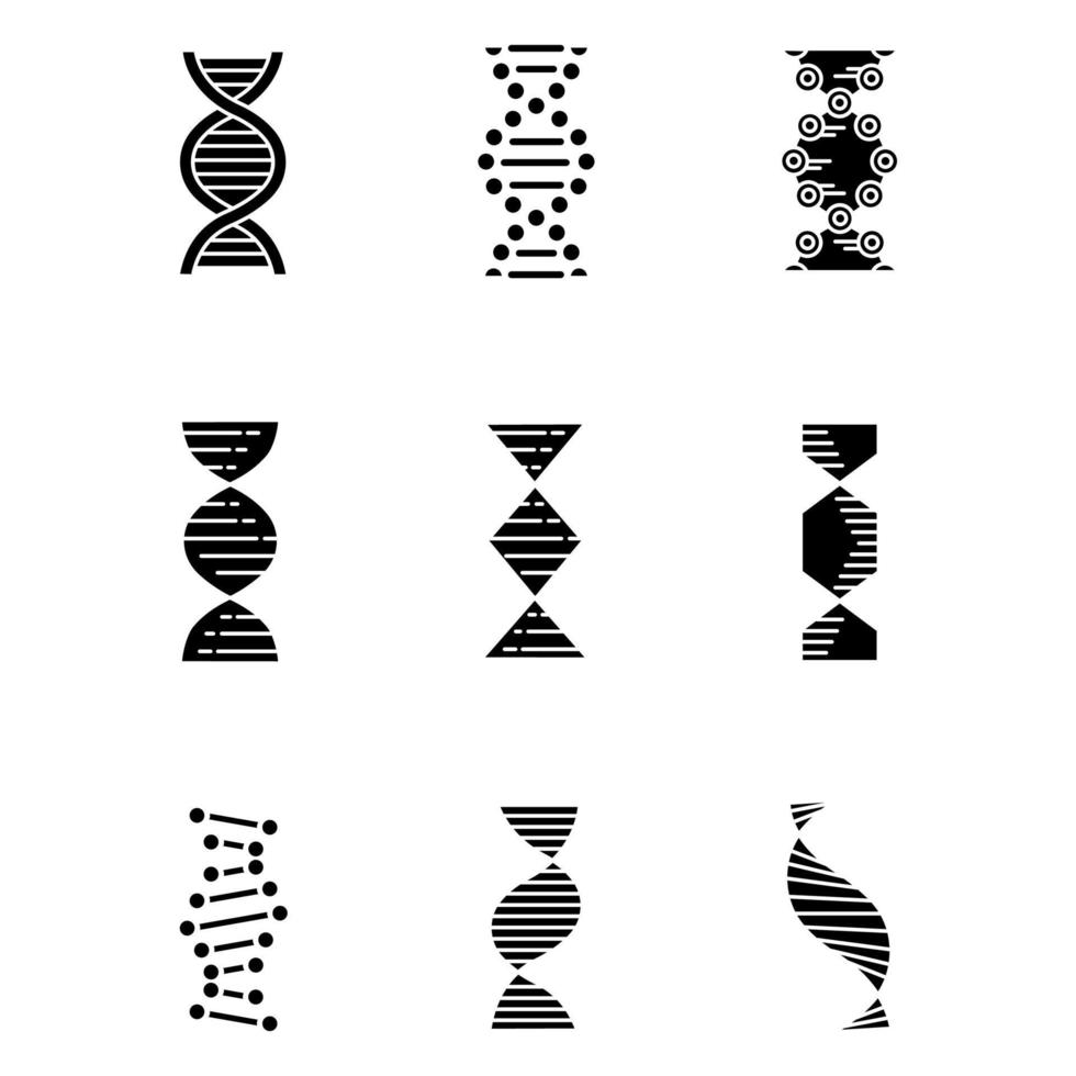 DNA spirals glyph icons set. Deoxyribonucleic, nucleic acid helix. Chromosome. Spiraling strands. Molecular biology. Genetic code. Genome. Genetics. Silhouette symbols. Vector isolated illustration