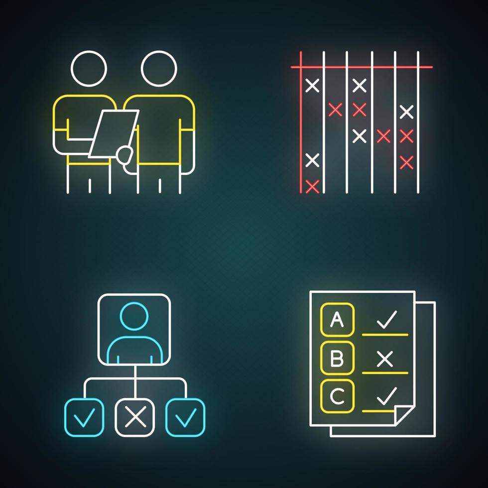 Survey neon light icons set. Interview, questioning. Checklist mark. Info collection and analysis. Personal profile. Questionnaire, test. Check list. Glowing signs. Vector isolated illustrations