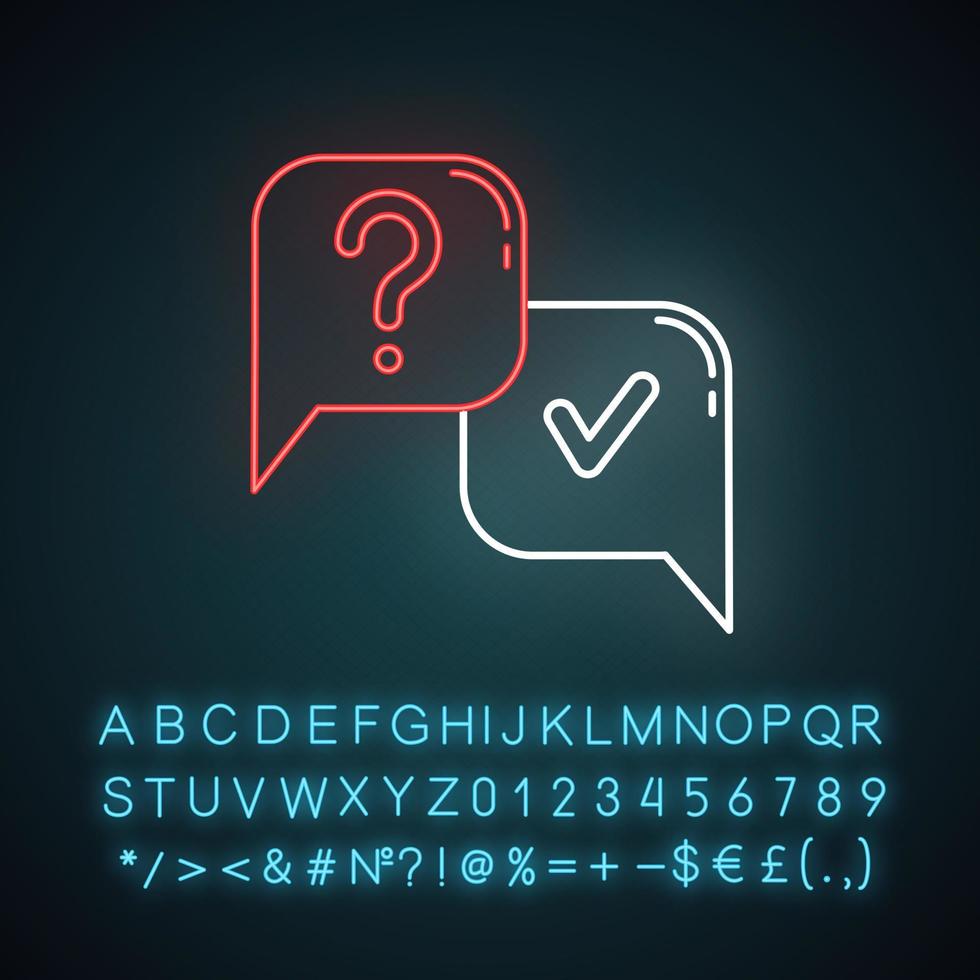 Question and answer neon light icon. FAQ sign. Speech bubble. Ask, answer. Chat, dialogue. Online interview. Discussion. Glowing sign with alphabet, numbers and symbols. Vector isolated illustration
