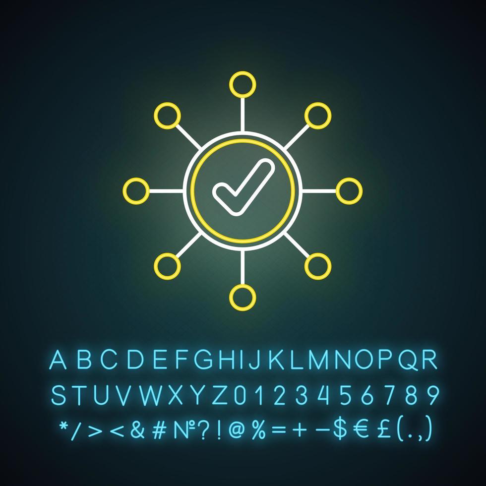 Survey mark neon light icon. Correct answer. Right checkmark. Approve mark, agree tick. Molecular structure system. Glowing sign with alphabet, numbers and symbols. Vector isolated illustration