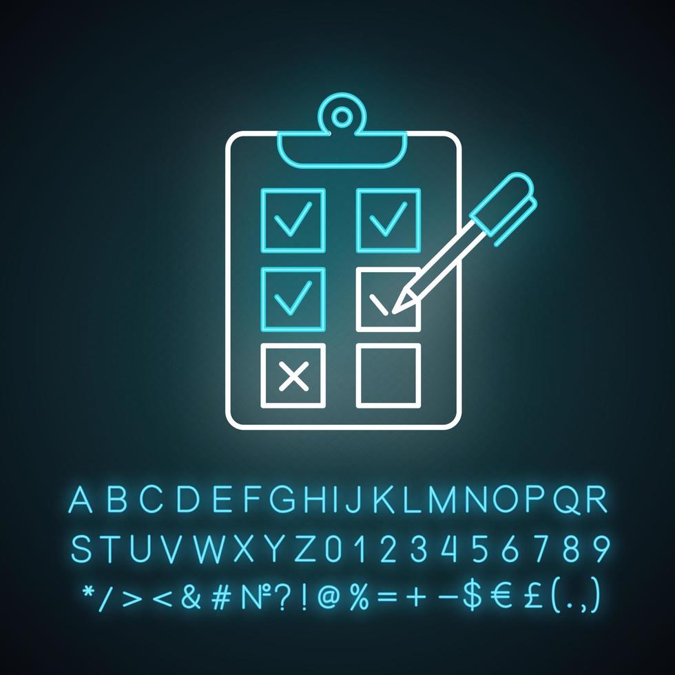 Written survey neon light icon. Tick checkbox. Evaluation test. Select answer. Questionnaire. Page on clipboard. Glowing sign with alphabet, numbers and symbols. Vector isolated illustration