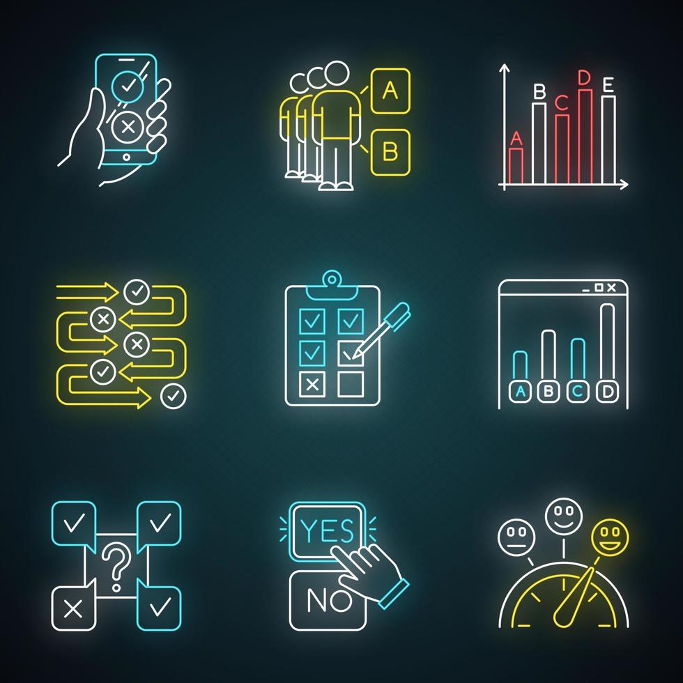Survey neon light icons set. Online poll. Choose option. Select answer. Approve, disaprrove. Social opinion. Mass poll. Written test. Statistics infograph. Glowing signs. Vector isolated illustrations