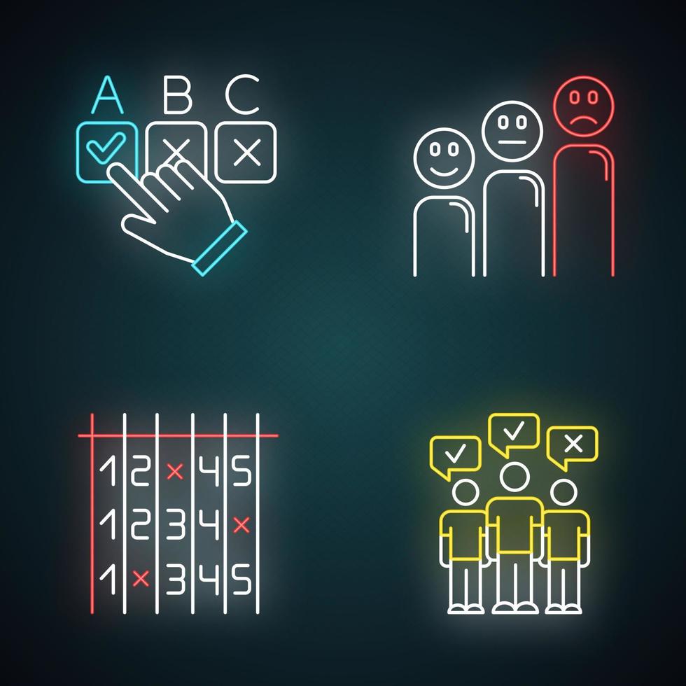 Survey neon light icons set. Choosing correct option. Customer satisfaction level. Emoticons. Select number. Checklist. Mass poll. Public opinion. Vote. Glowing signs. Vector isolated illustrations