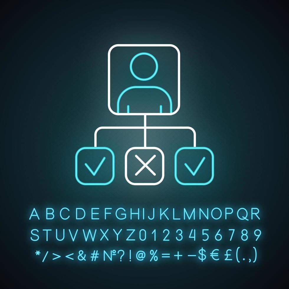 Personal profile neon light icon. Survey results. Data collection. Answer review. Questionnaire report. Correct and wrong. Glowing sign with alphabet, numbers and symbols. Vector isolated illustration