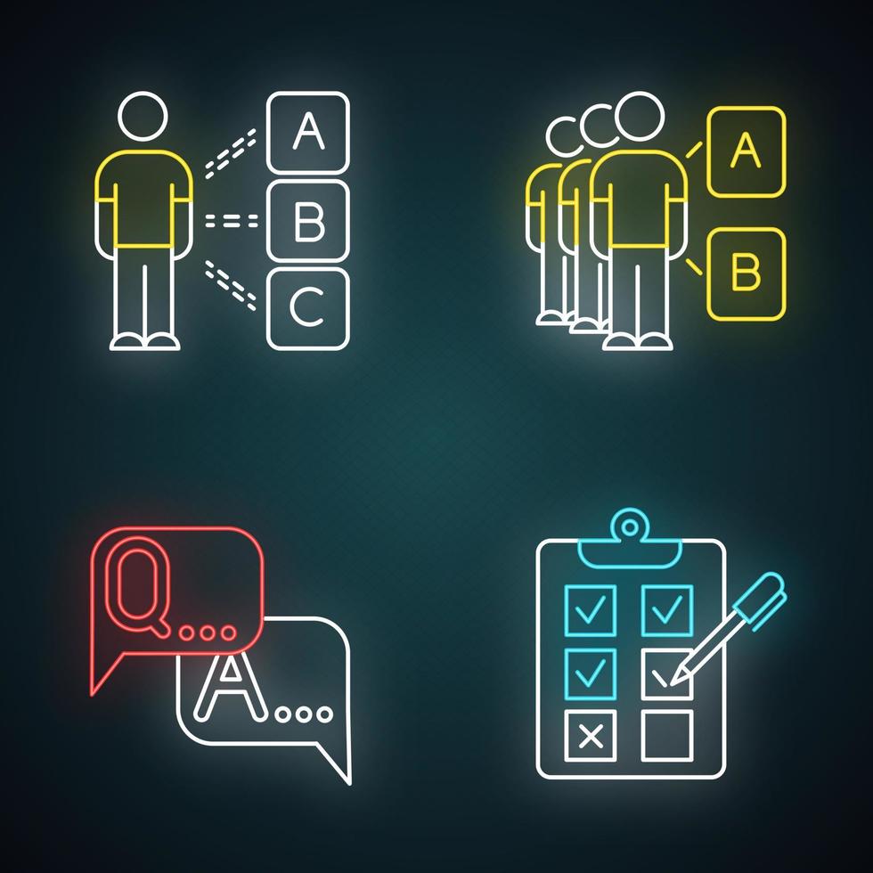 Survey neon light icons set. Personal questioning. Social opinion. Group test. FAQ sign. Question, answer. Written checklist. Share opinion. Tick checkbox. Glowing signs. Vector isolated illustrations