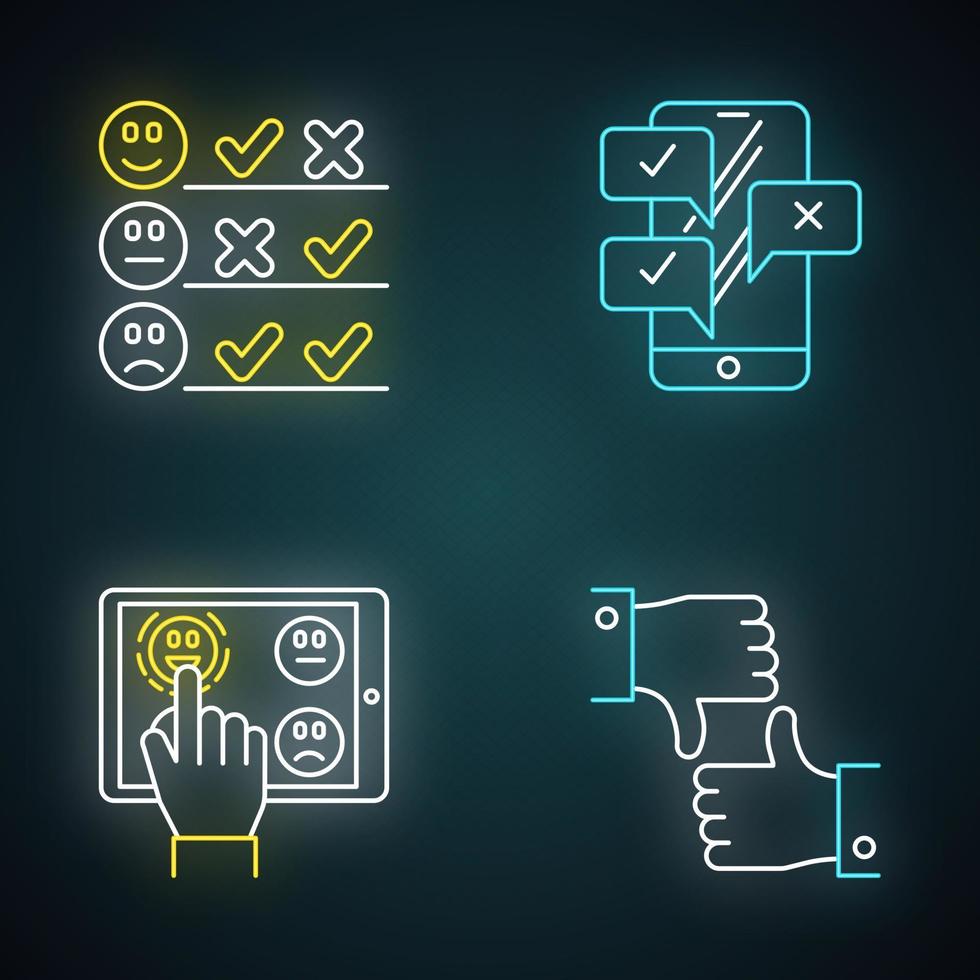 Survey neon light icons set. Pick satisfaction level. Positive, negative feedback. Sad, happy emoticons. Checklist. Online chat. Like, dislike sign. Glowing signs. Vector isolated illustrations