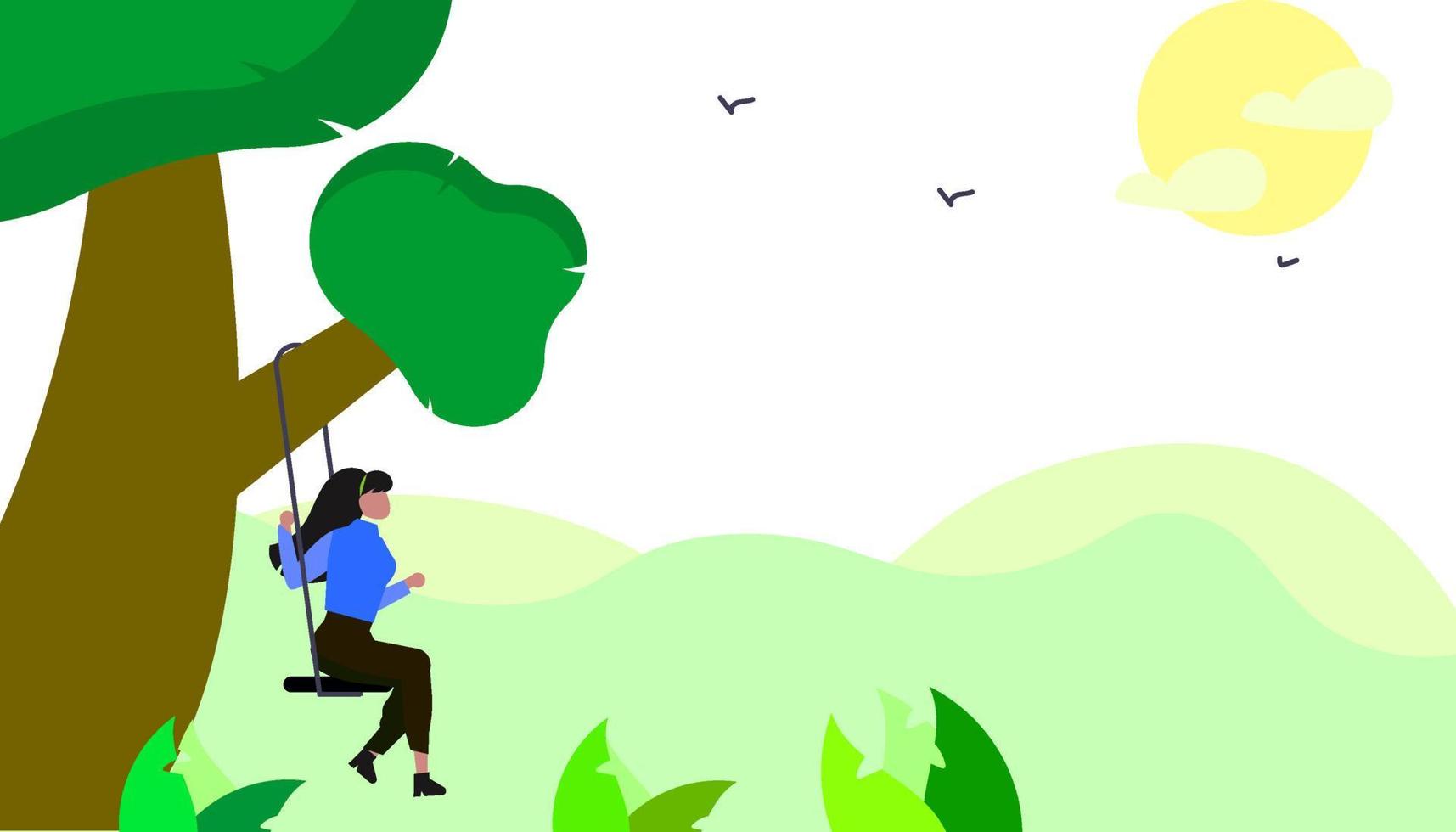 Vector Illustration Of A Girl Riding A Swing On A Tree Enjoying The View