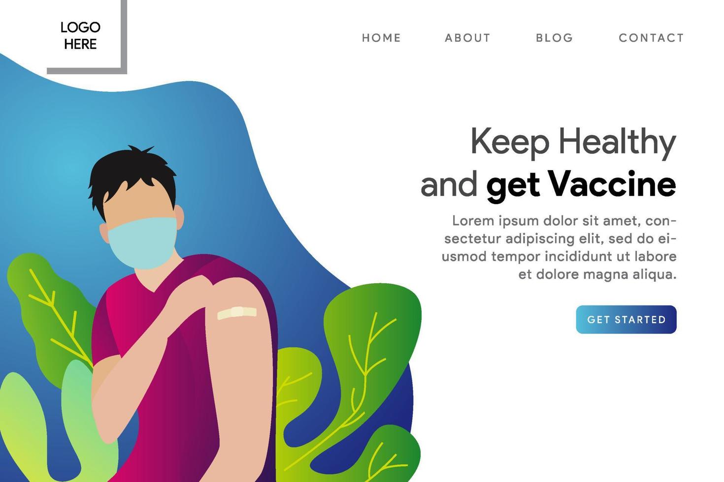 Hombres de diseño plano que usan máscara y obtienen la vacuna Diseño web Página de inicio Banner de marketing Ilustración de vector de fondo