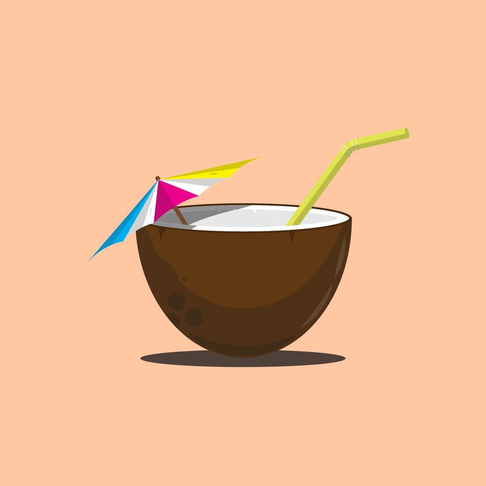 Cócteles de coco con sombrilla pequeña y paja ilustración vectorial vector