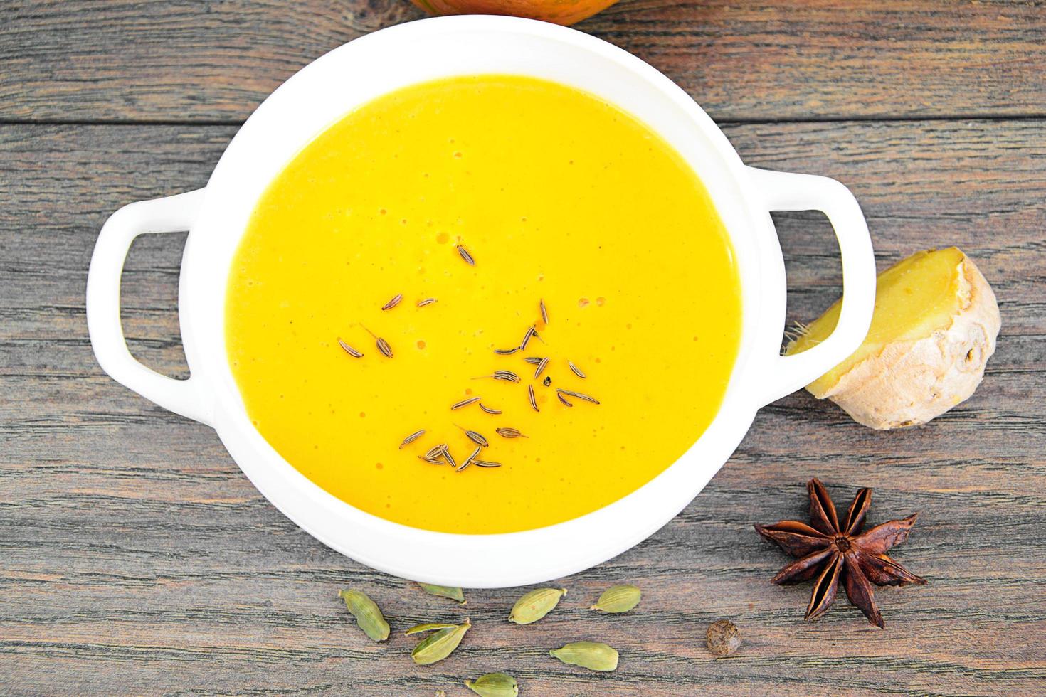 Diet and Healthy Organic Food. Pumpkin Soup. photo