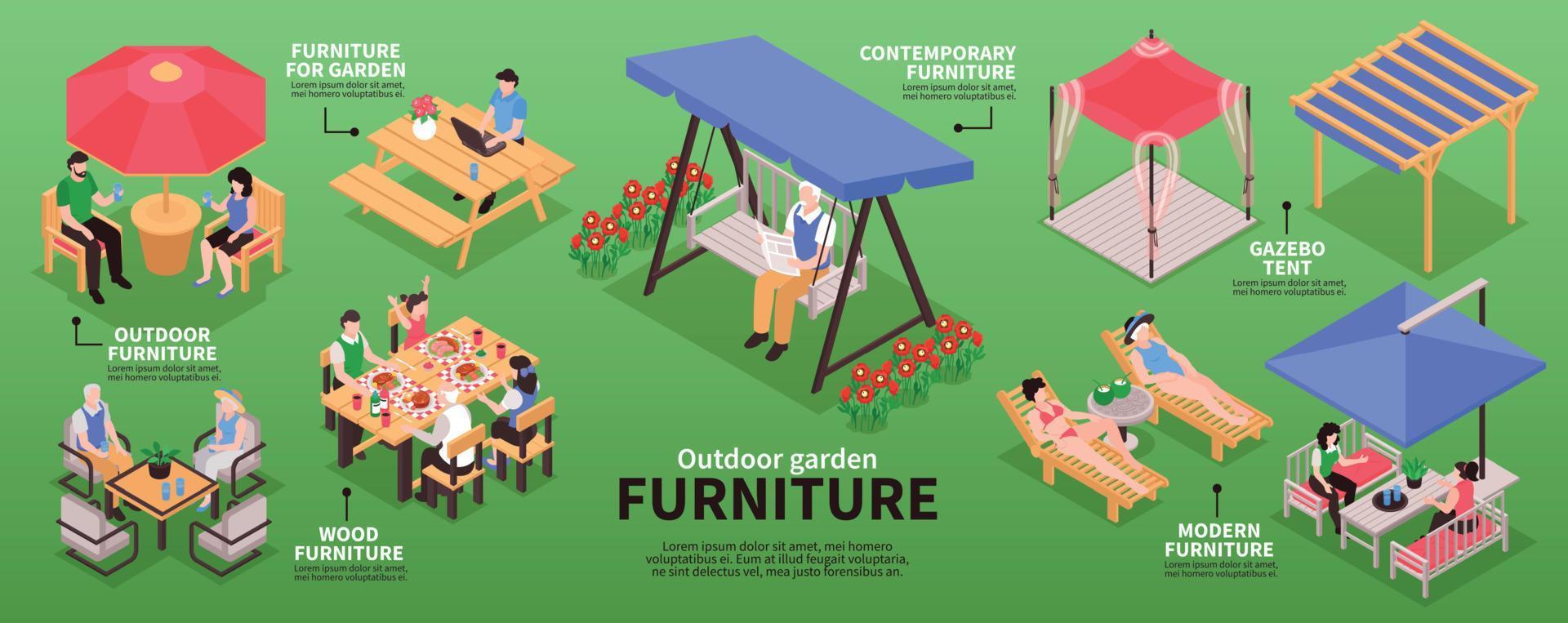 infografía isométrica de muebles de jardín. vector