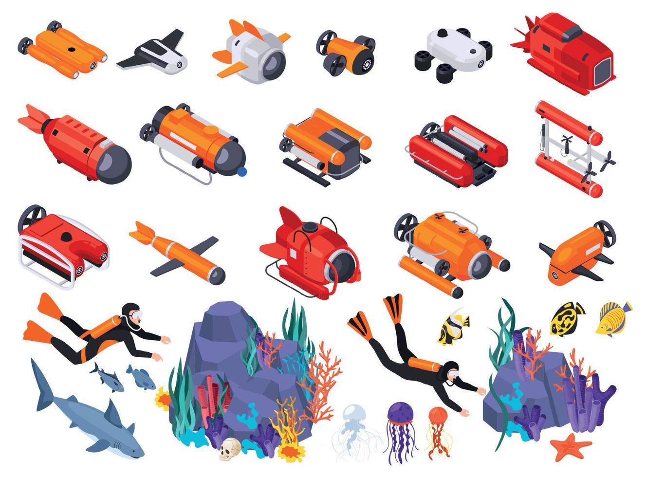 Underwater Vehicles Machines Equipment Isometric Isolated Icon Set vector