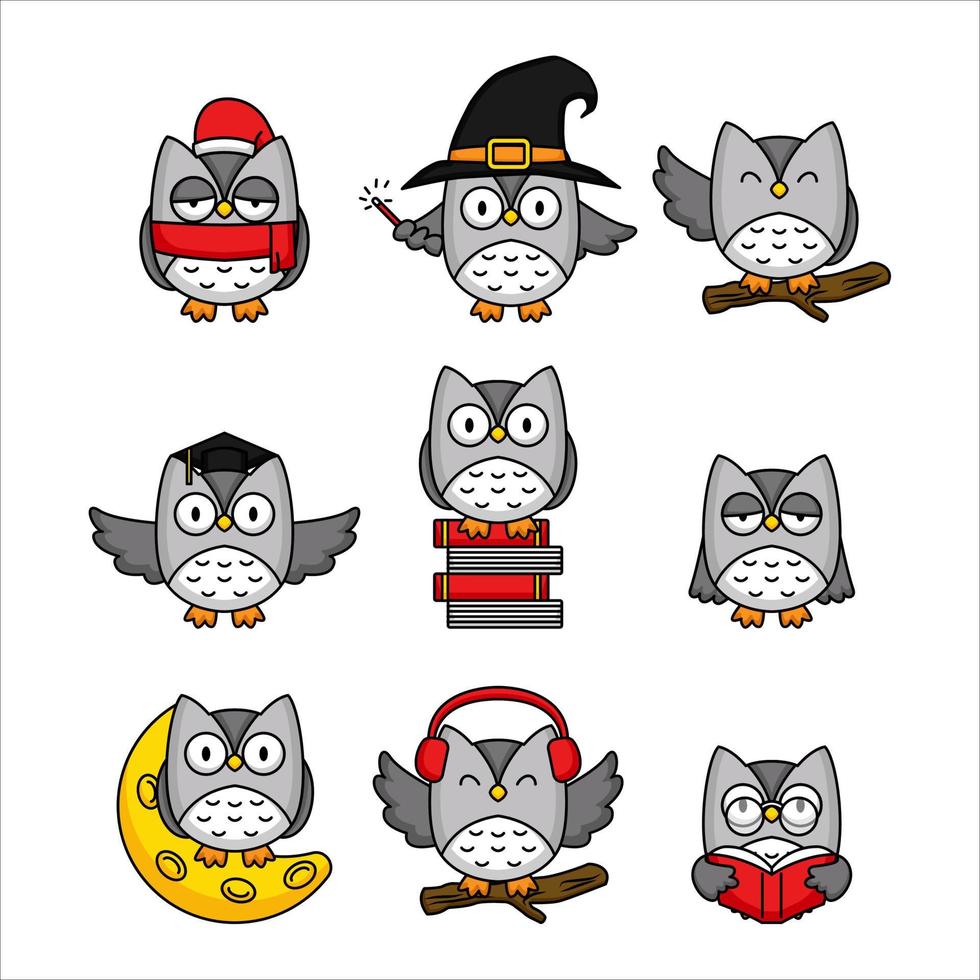 lindo conjunto de pájaros búho con varias poses vector