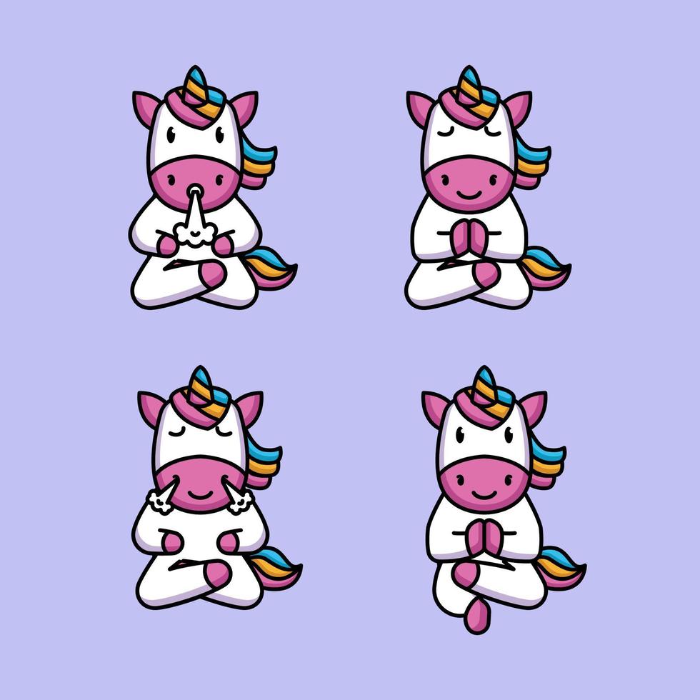 conjunto de lindo unicornio en pose de yoga vector