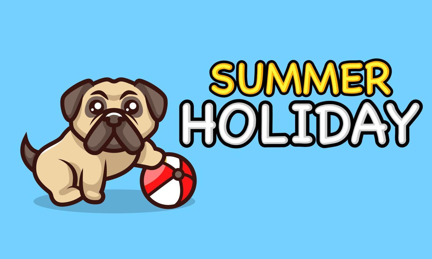 lindo pug con bola banner de vacaciones de verano vector