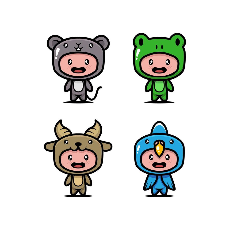 Set of cute kids with animal costume design icon illustration vector