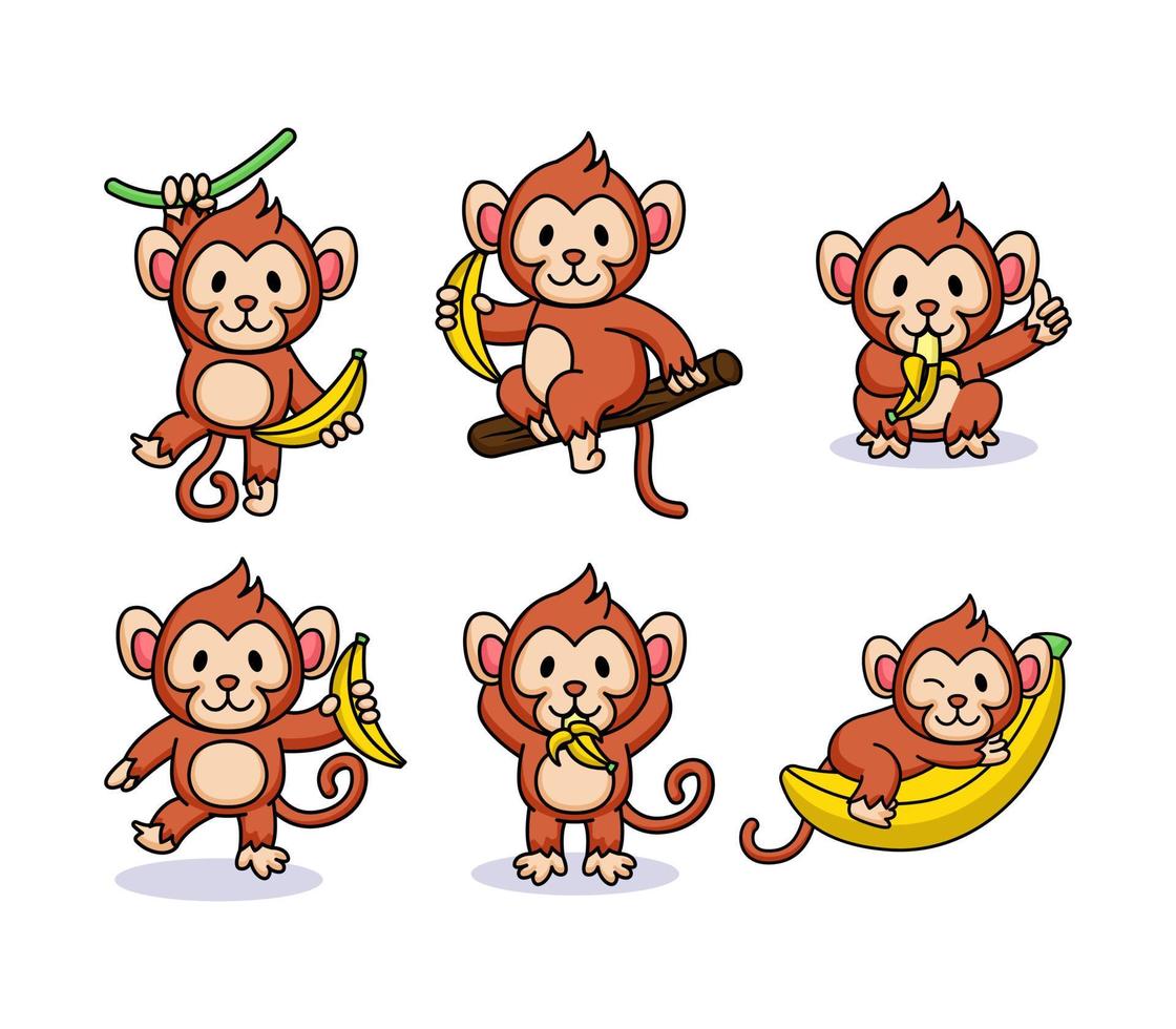 conjunto de mono lindo jugando con plátano vector