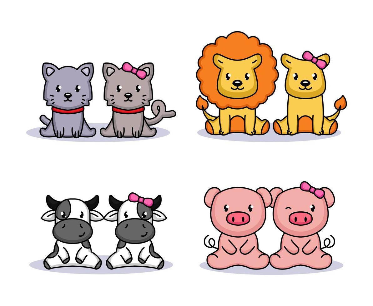 Set of cute couple animals in Valentine's Day vector