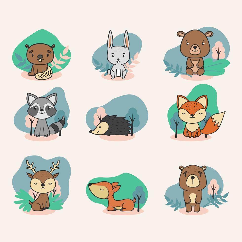 conjunto de ilustración de animales del bosque dibujados a mano lindo vector