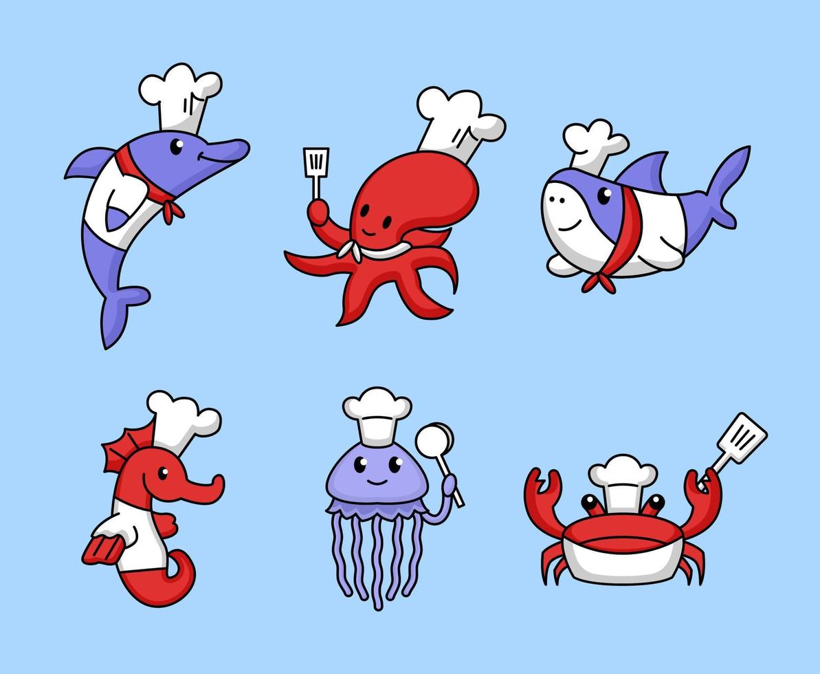 Set of cute sea animal in chef costumes vector