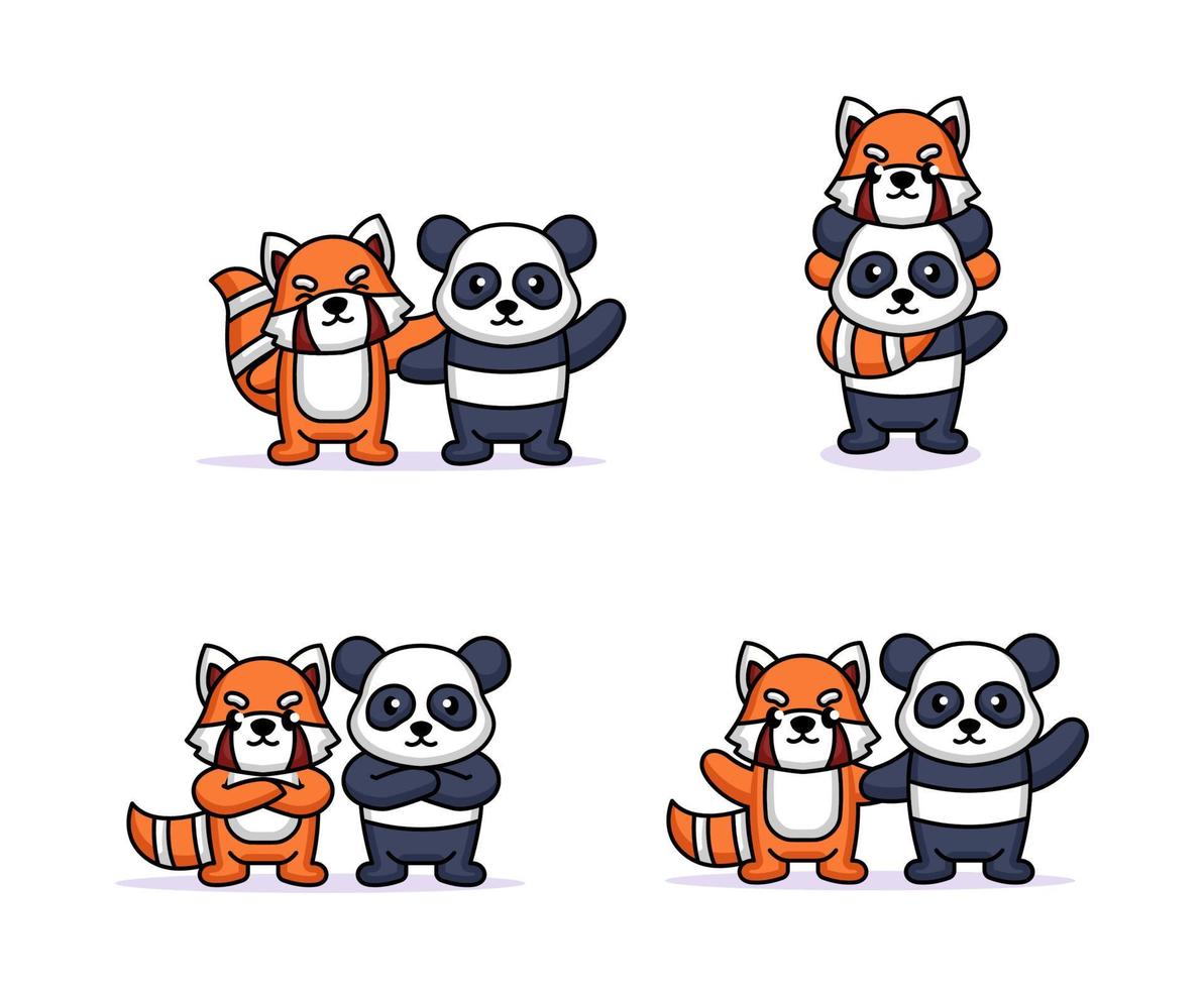 conjunto de lindo diseño de mascota panda y panda rojo vector