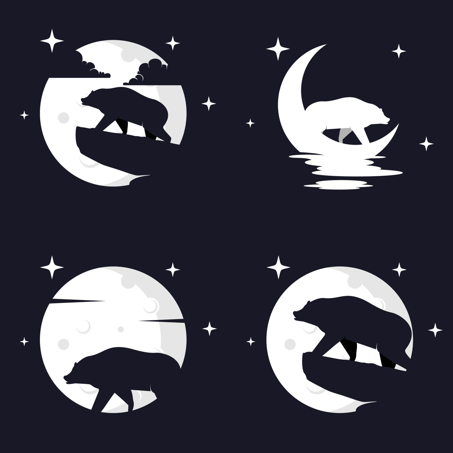 Illustration Vector Graphic of Grizzly Bear with Moon Background
