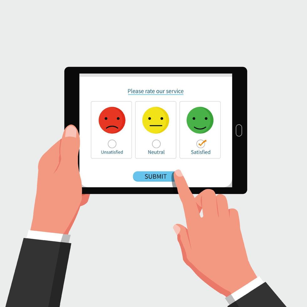 Online survey on tablet concept. Hand hold gadget to gives feedback vector illustration